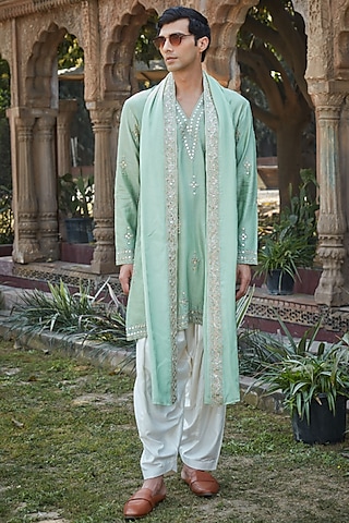 Pastel Green Chanderi Silk Mirror Embroidered Kurta Set by Bohame Men