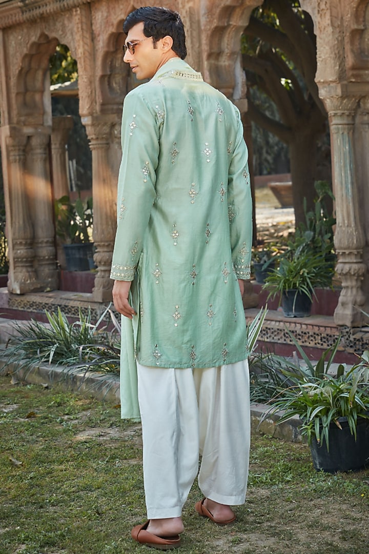 Pastel Green Chanderi Silk Mirror Embroidered Kurta Set by Bohame Men at Pernia's Pop Up Shop