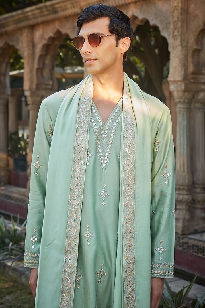 Pastel Green Chanderi Silk Mirror Embroidered Kurta Set by Bohame Men at Pernia's Pop Up Shop
