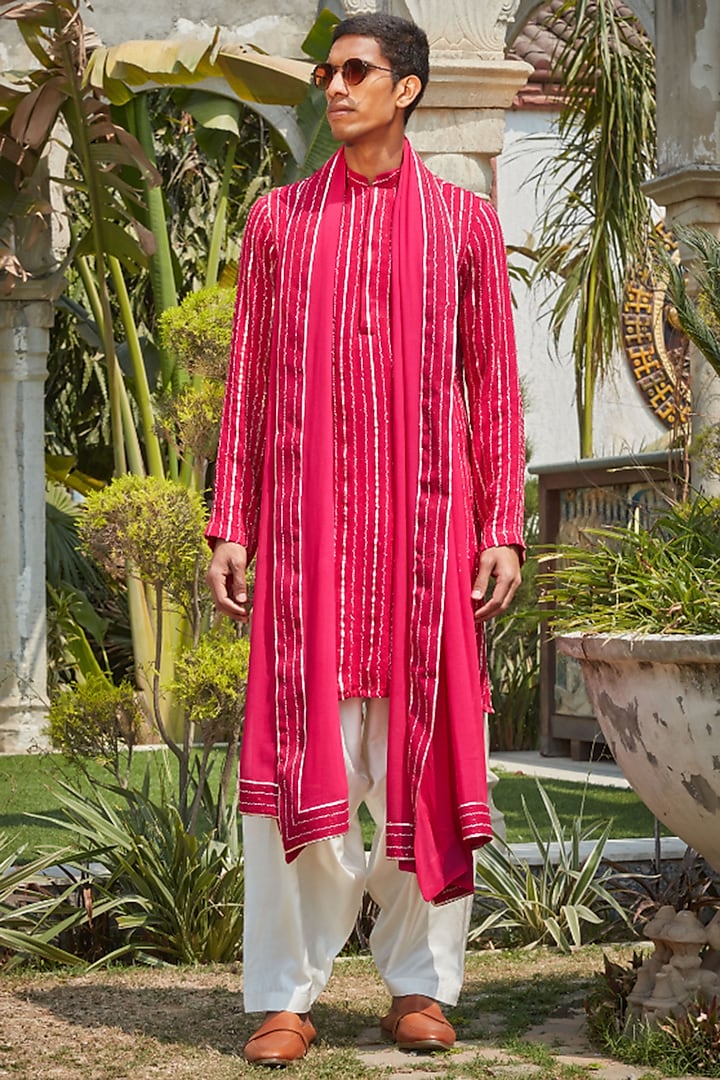 Hot Pink Georgette Chikankari Embroidered Kurta Set by Bohame Men