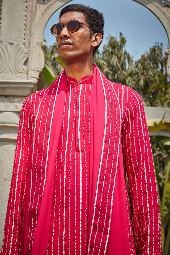 Hot Pink Georgette Chikankari Embroidered Kurta Set by Bohame Men at Pernia's Pop Up Shop