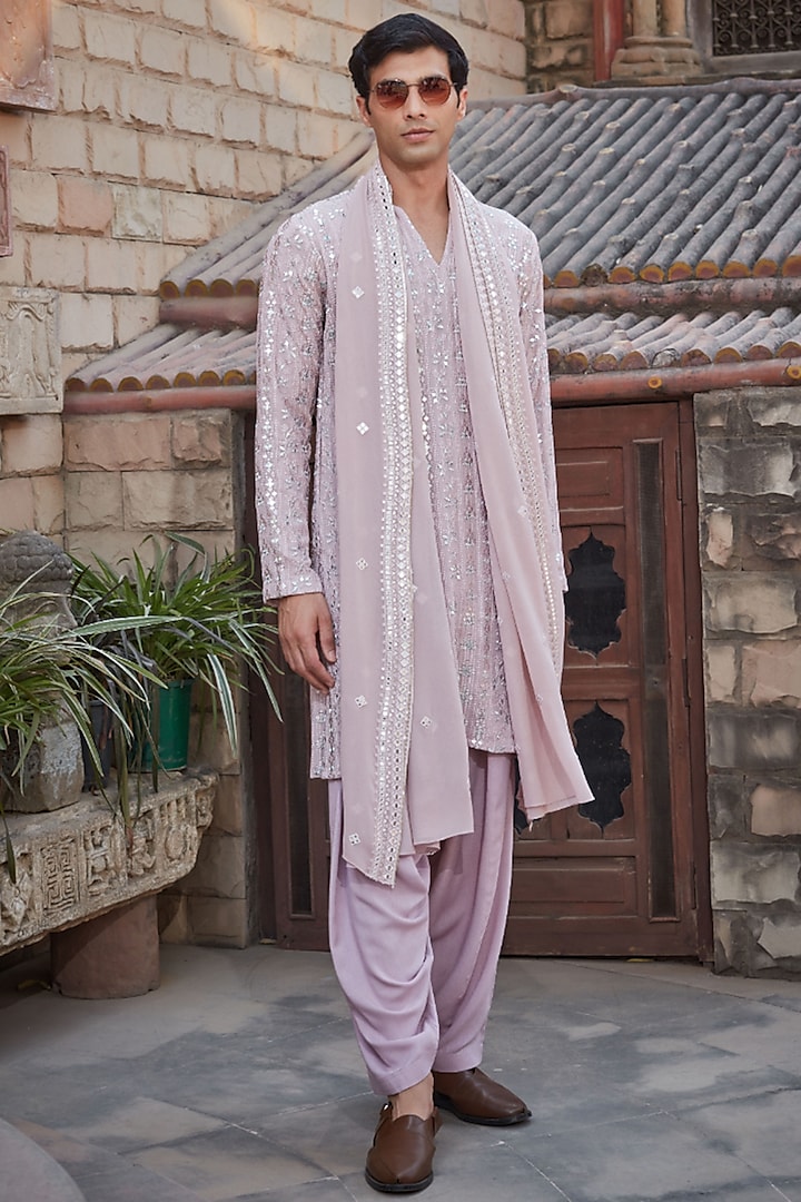 Lilac Georgette Chikankari Embroidered Kurta Set by Bohame Men