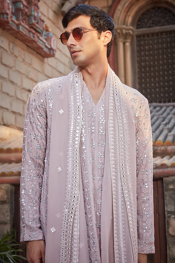 Lilac Georgette Chikankari Embroidered Kurta Set by Bohame Men at Pernia's Pop Up Shop