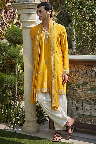 Mustard Chanderi Silk Mirror Embroidered Kurta Set by Bohame Men