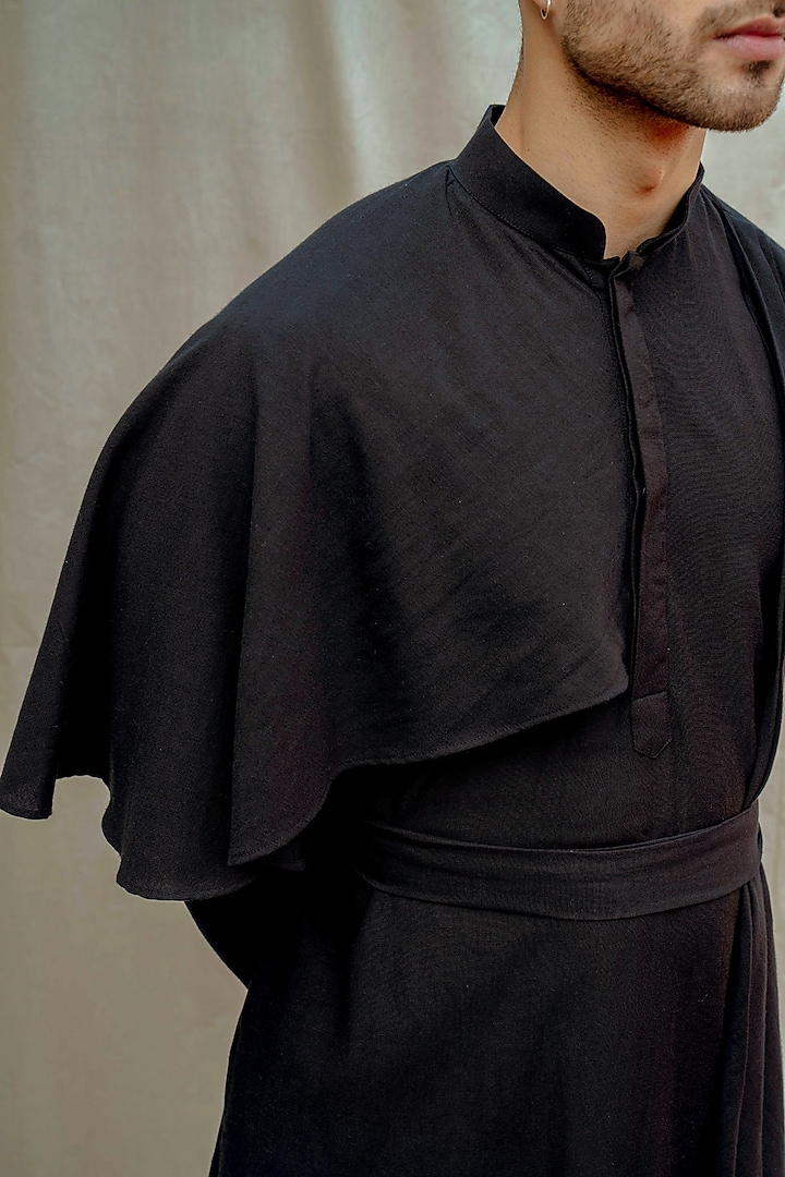 Black Cotton Linen Kurta Set by Bohame Men at Pernia's Pop Up Shop