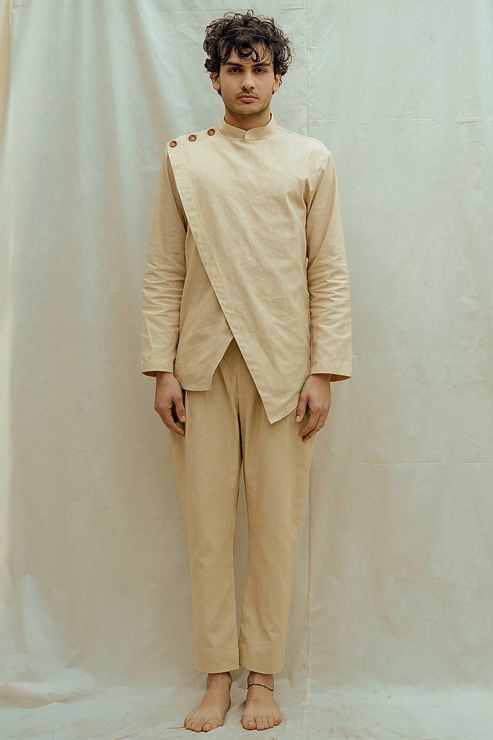 Beige Shirt Kurta With Pleated Pants by Bohame Men at Pernia's Pop Up Shop