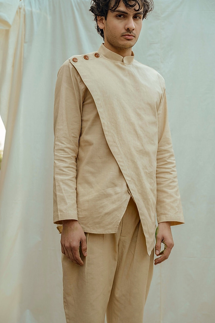 Beige Shirt Kurta With Pleated Pants by Bohame Men at Pernia's Pop Up Shop