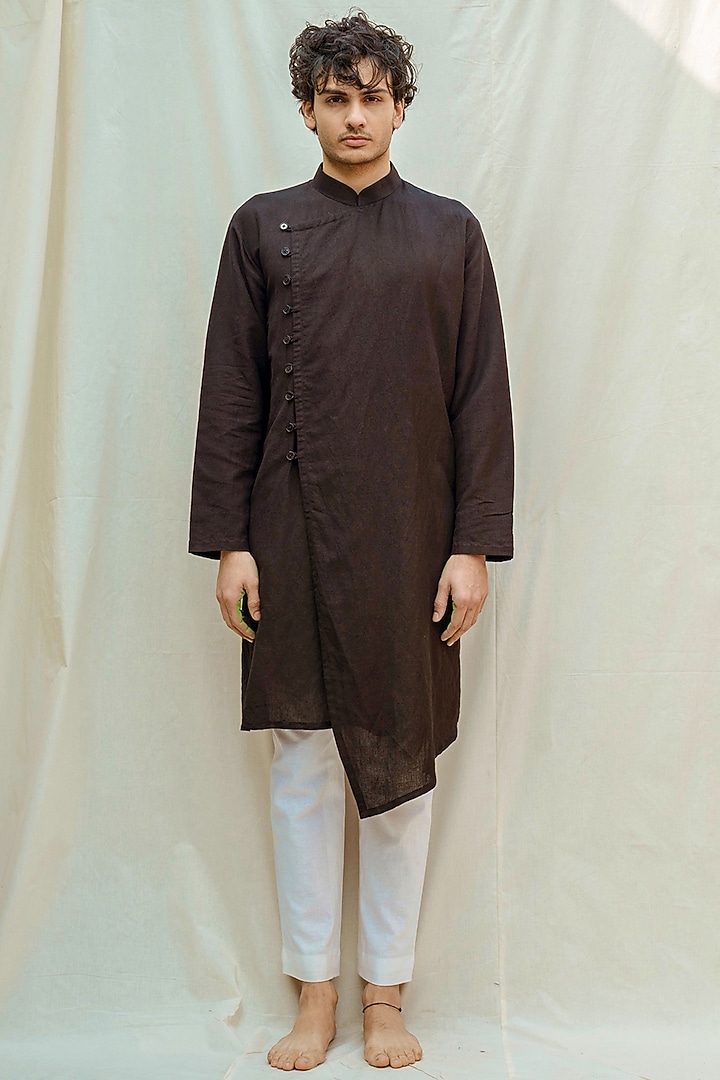 Black Cotton Line Kurta With Pants by Bohame Men at Pernia's Pop Up Shop