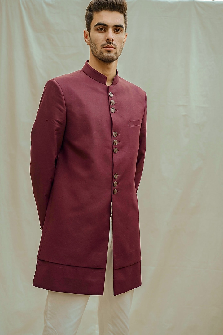 Wine Suiting Achkan Set by Bohame Men at Pernia's Pop Up Shop