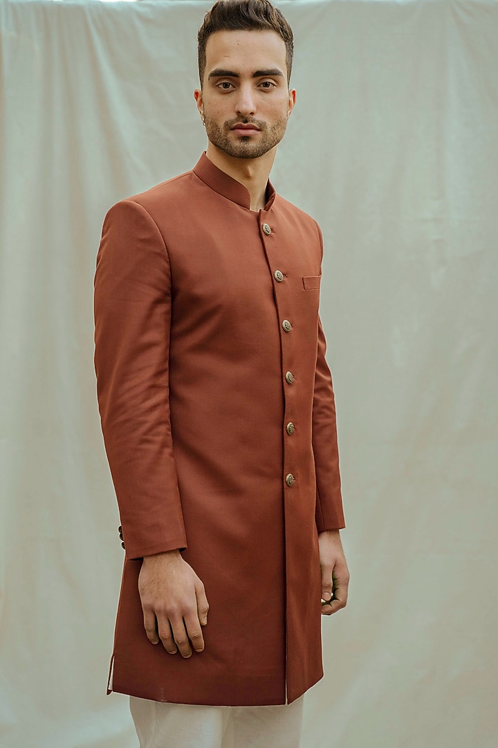 Rust Cotton Linen Achkan Wedding Sherwani Set by Bohame Men at Pernia's Pop Up Shop