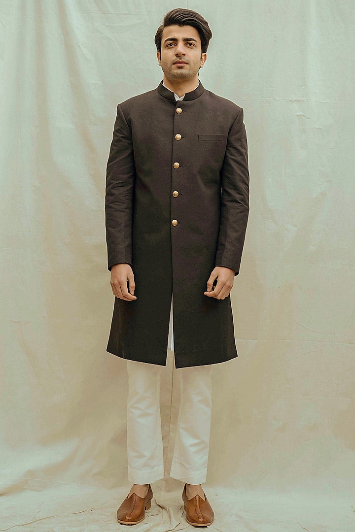 White Kurta Set With Black Achkan Jacket by Bohame Men