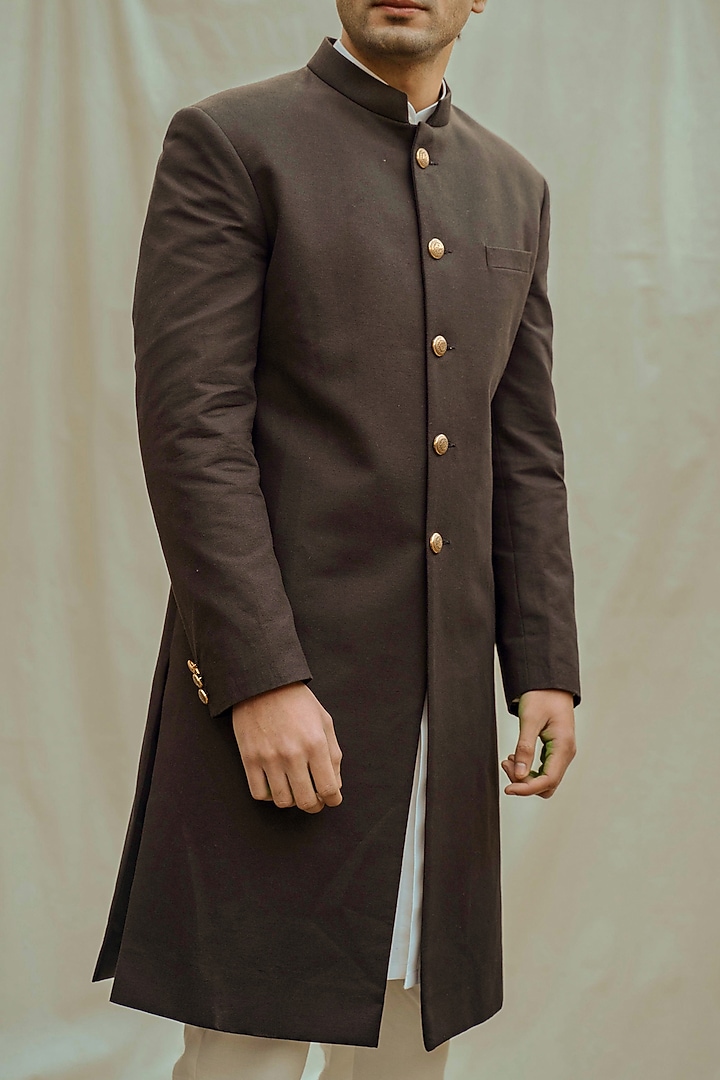Black Suiting & Poplin Fabric Achkan Jacket Set by Bohame Men at Pernia's Pop Up Shop