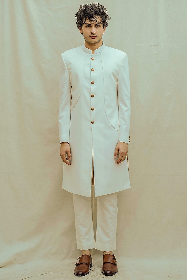 Off White Kurta Set With Achkan Jacket & Pocket Square by Bohame Men
