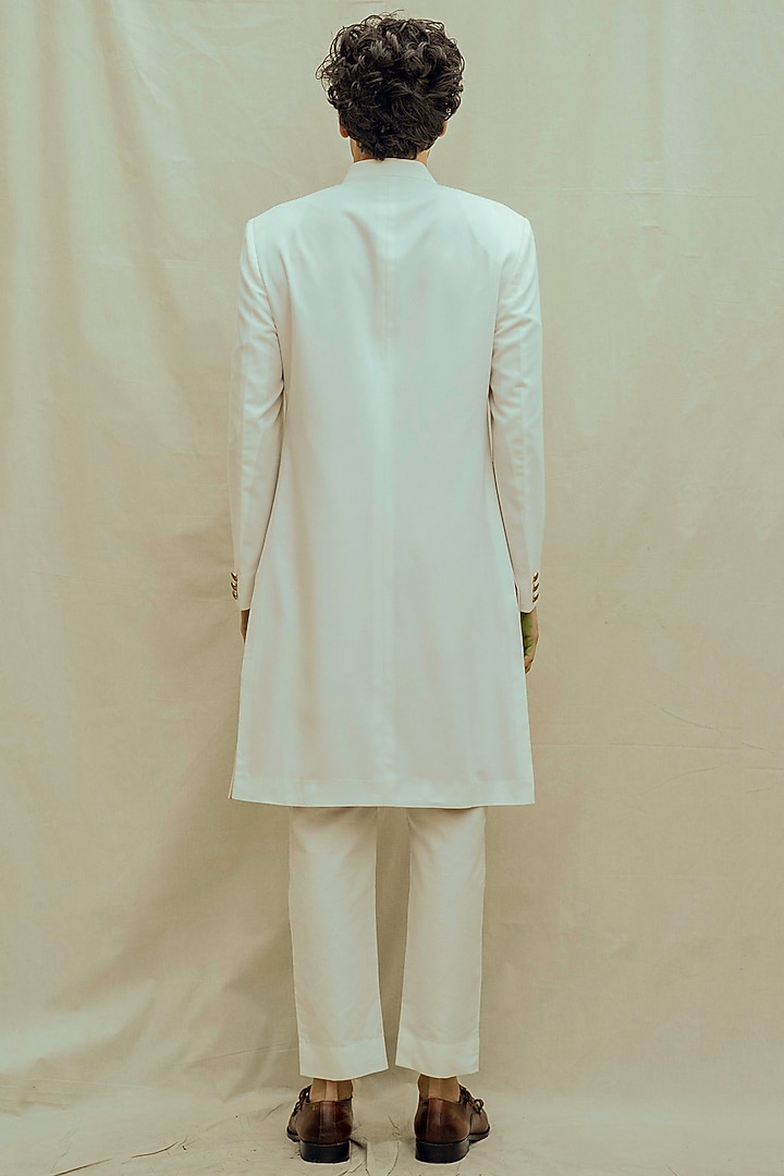 Off White Kurta Set With Achkan Jacket & Pocket Square by Bohame Men at Pernia's Pop Up Shop