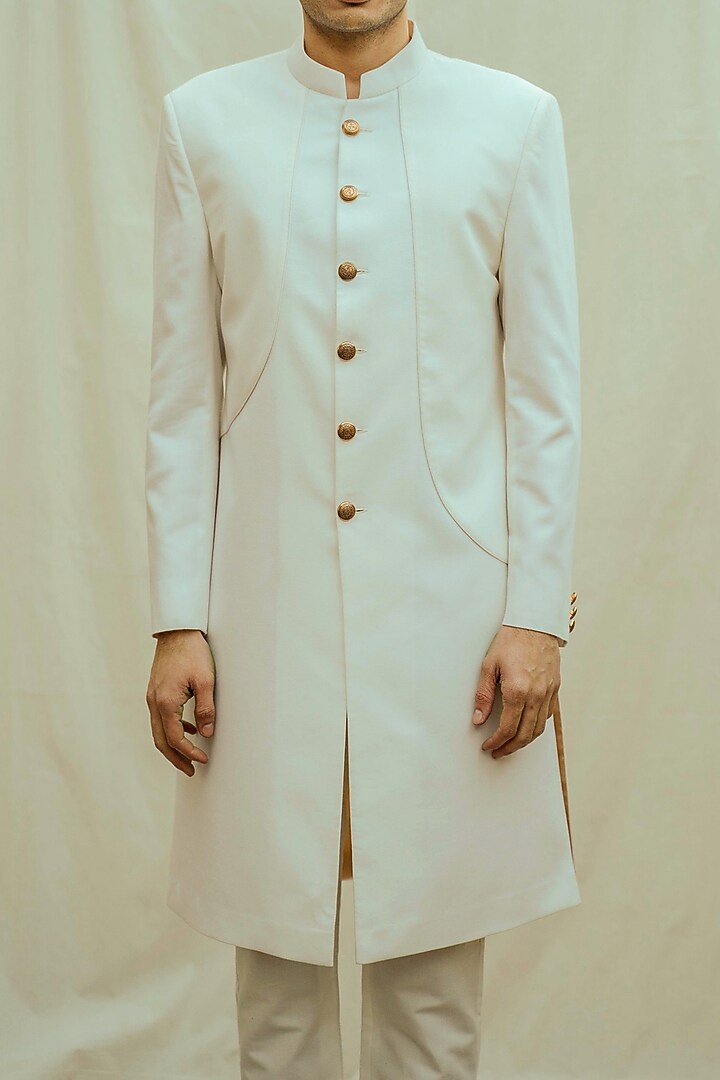 Off White Kurta Set With Achkan Jacket & Pocket Square by Bohame Men at Pernia's Pop Up Shop