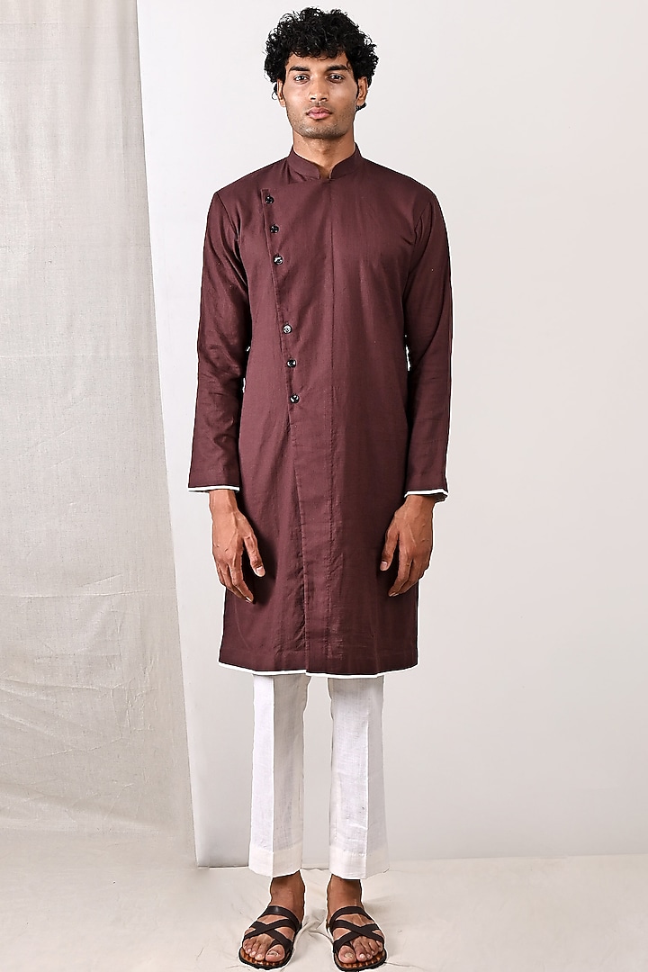 Dark Mahogany Linen Kurta Set by Bohame Men at Pernia's Pop Up Shop