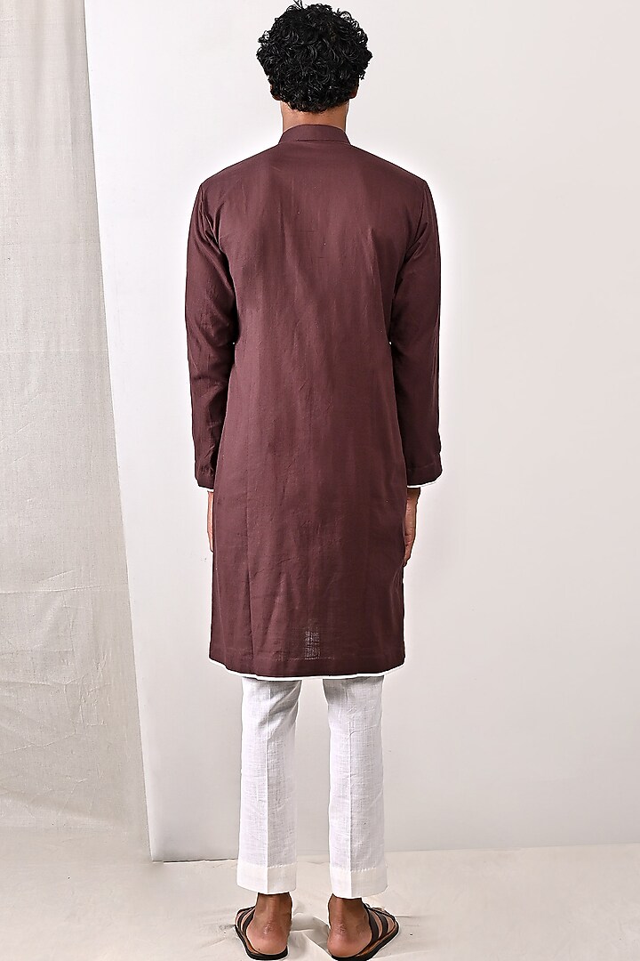 Dark Mahogany Linen Kurta Set by Bohame Men at Pernia's Pop Up Shop