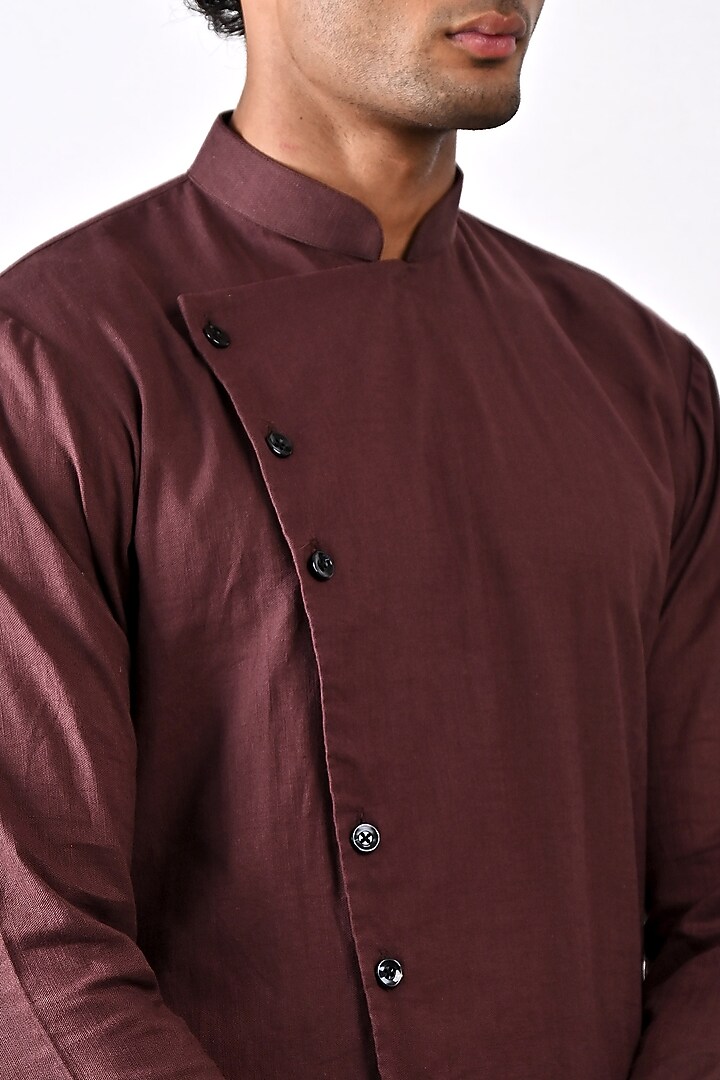 Dark Mahogany Linen Kurta Set by Bohame Men at Pernia's Pop Up Shop