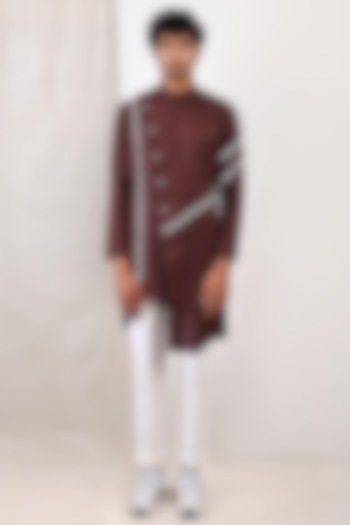 Dark Mahogany Linen Asymmetrical Kurta Set by Bohame Men at Pernia's Pop Up Shop