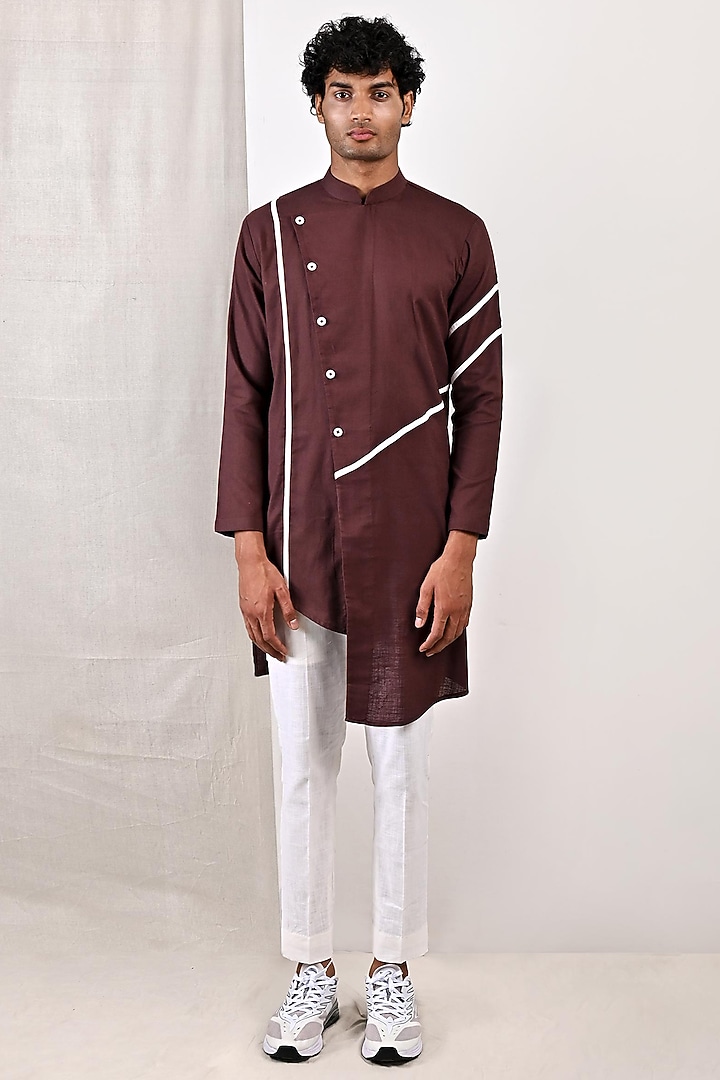 Dark Mahogany Linen Asymmetrical Kurta Set by Bohame Men at Pernia's Pop Up Shop