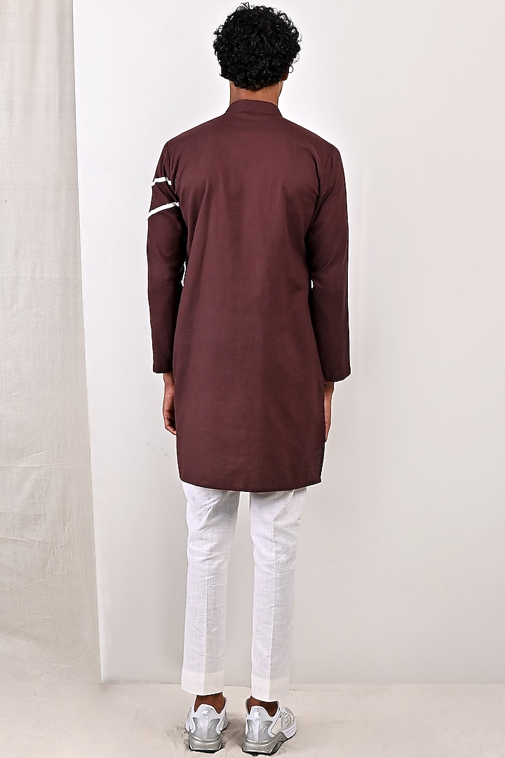 Dark Mahogany Linen Asymmetrical Kurta Set by Bohame Men at Pernia's Pop Up Shop