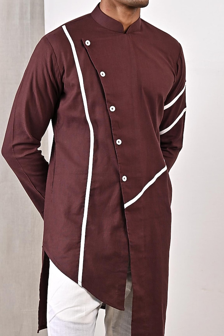 Dark Mahogany Linen Asymmetrical Kurta Set by Bohame Men at Pernia's Pop Up Shop