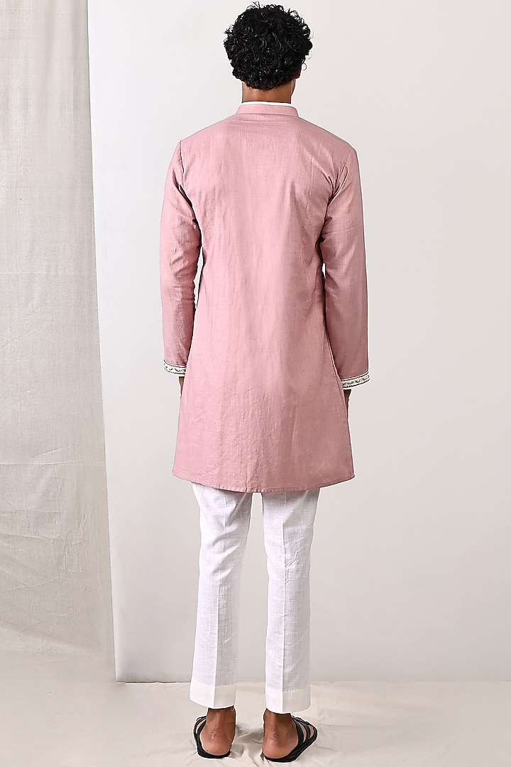 Mauve Linen Hand Embroidered Asymmetrical Kurta Set by Bohame Men at Pernia's Pop Up Shop