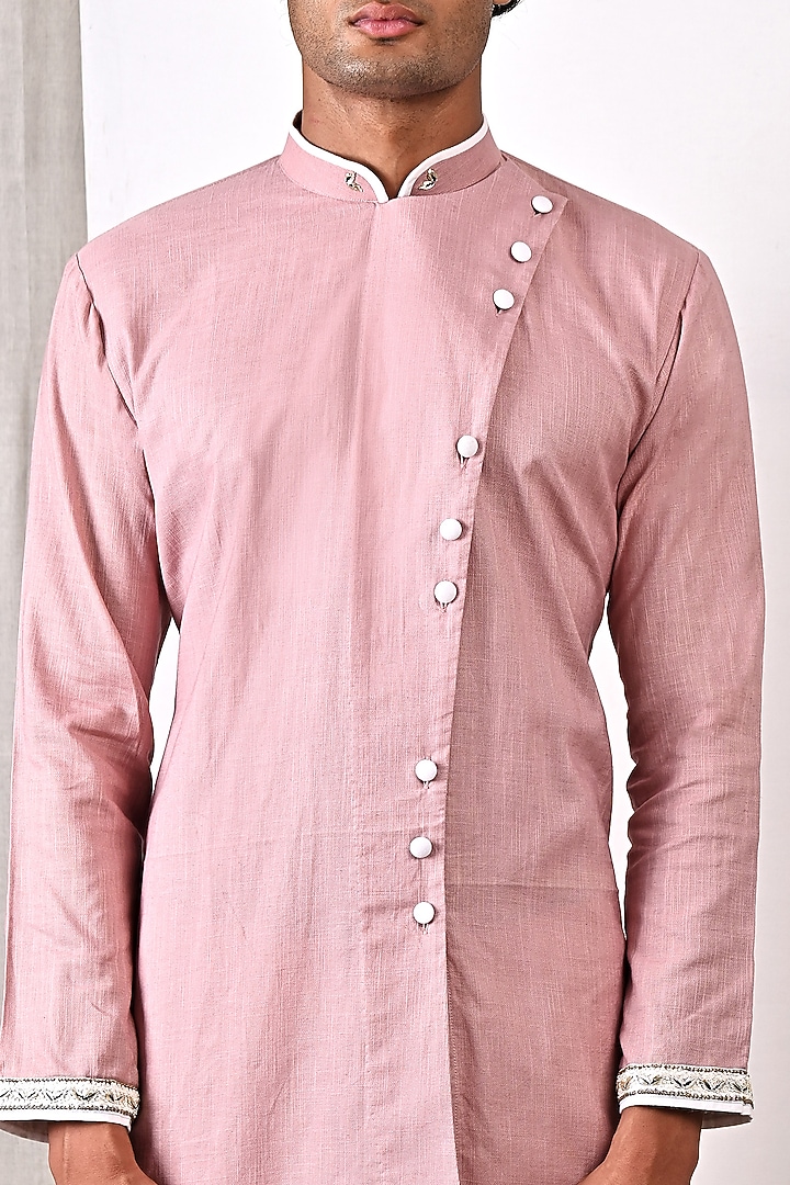 Mauve Linen Hand Embroidered Asymmetrical Kurta Set by Bohame Men at Pernia's Pop Up Shop