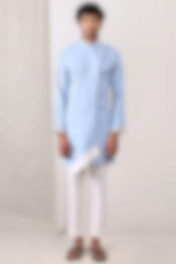Sky Blue Linen Asymmetrical Kurta Set by Bohame Men at Pernia's Pop Up Shop