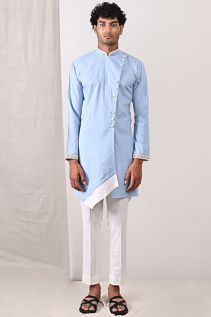 Sky Blue Linen Asymmetrical Kurta Set by Bohame Men at Pernia's Pop Up Shop
