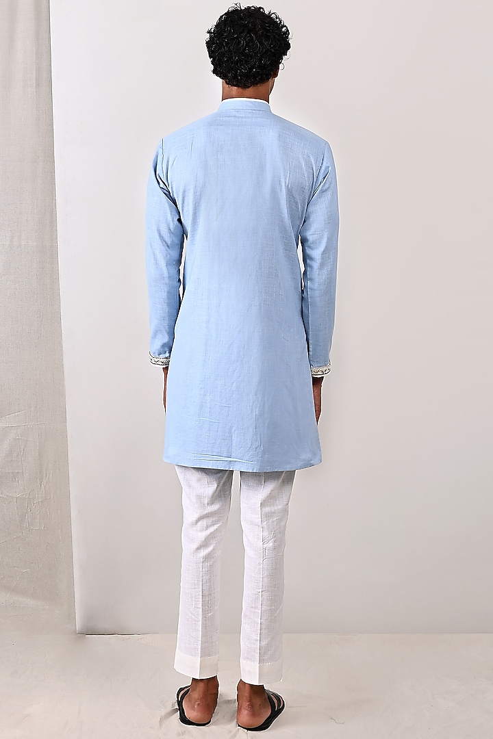 Sky Blue Linen Asymmetrical Kurta Set by Bohame Men at Pernia's Pop Up Shop