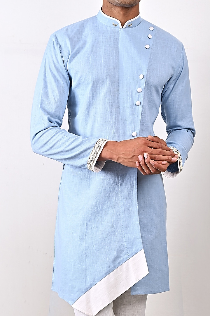 Sky Blue Linen Asymmetrical Kurta Set by Bohame Men at Pernia's Pop Up Shop