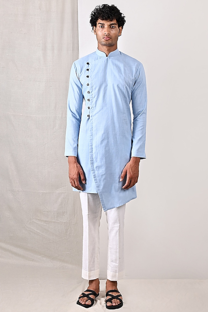 Blue Linen Kurta Set by Bohame Men at Pernia's Pop Up Shop