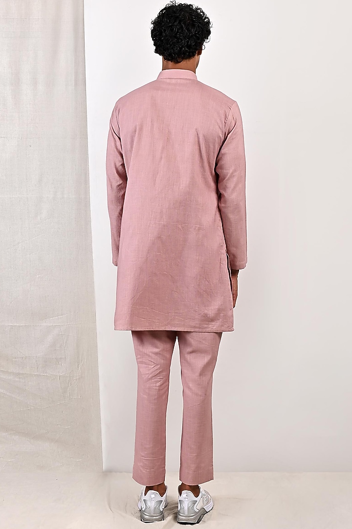 Mauve Linen Pleated Overlapped Asymmetric Kurta Set by Bohame Men at Pernia's Pop Up Shop