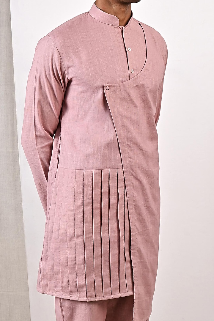 Mauve Linen Pleated Overlapped Asymmetric Kurta Set by Bohame Men at Pernia's Pop Up Shop