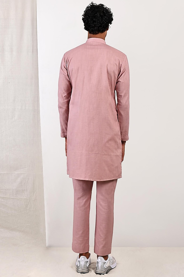 Mauve Linen Pleated Overlapped Asymmetric Kurta Set by Bohame Men at Pernia's Pop Up Shop