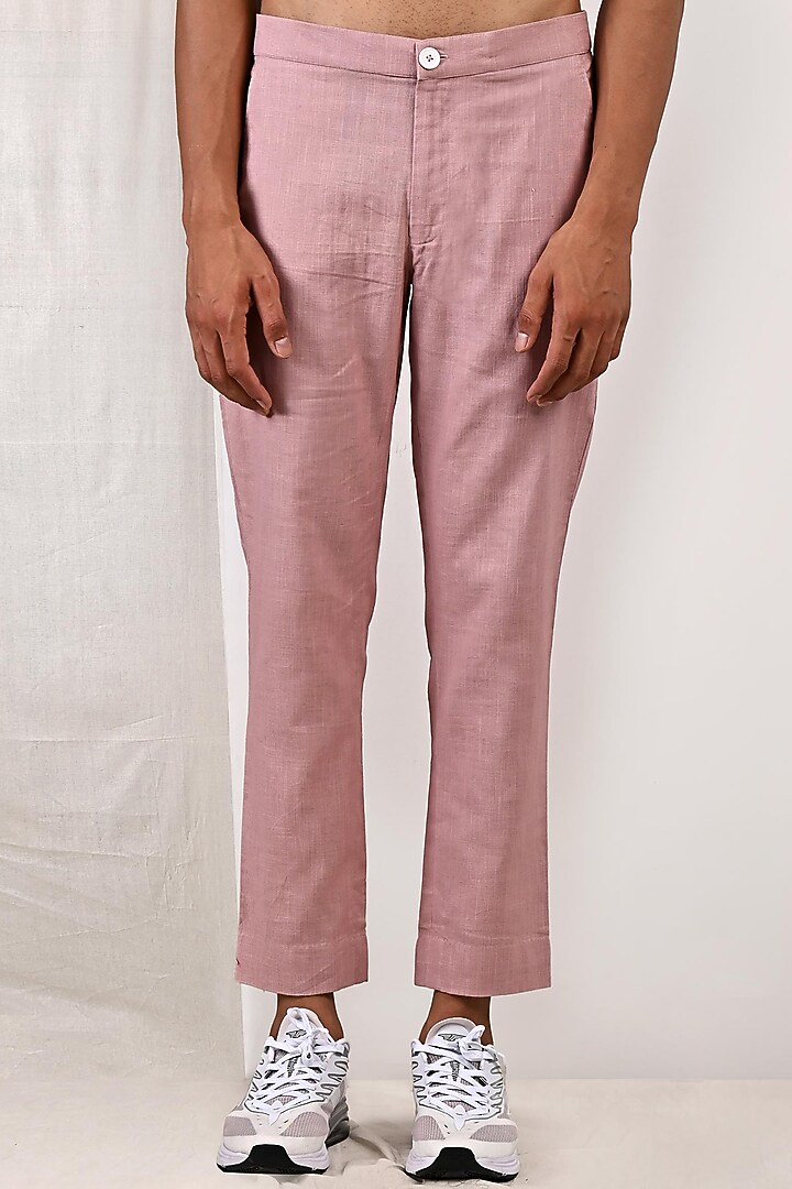 Mauve Linen Pleated Overlapped Asymmetric Kurta Set by Bohame Men at Pernia's Pop Up Shop