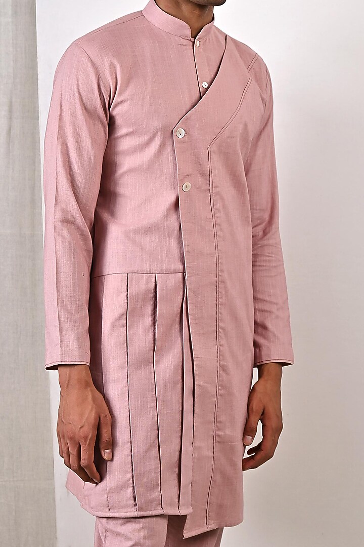Mauve Linen Pleated Overlapped Asymmetric Kurta Set by Bohame Men at Pernia's Pop Up Shop