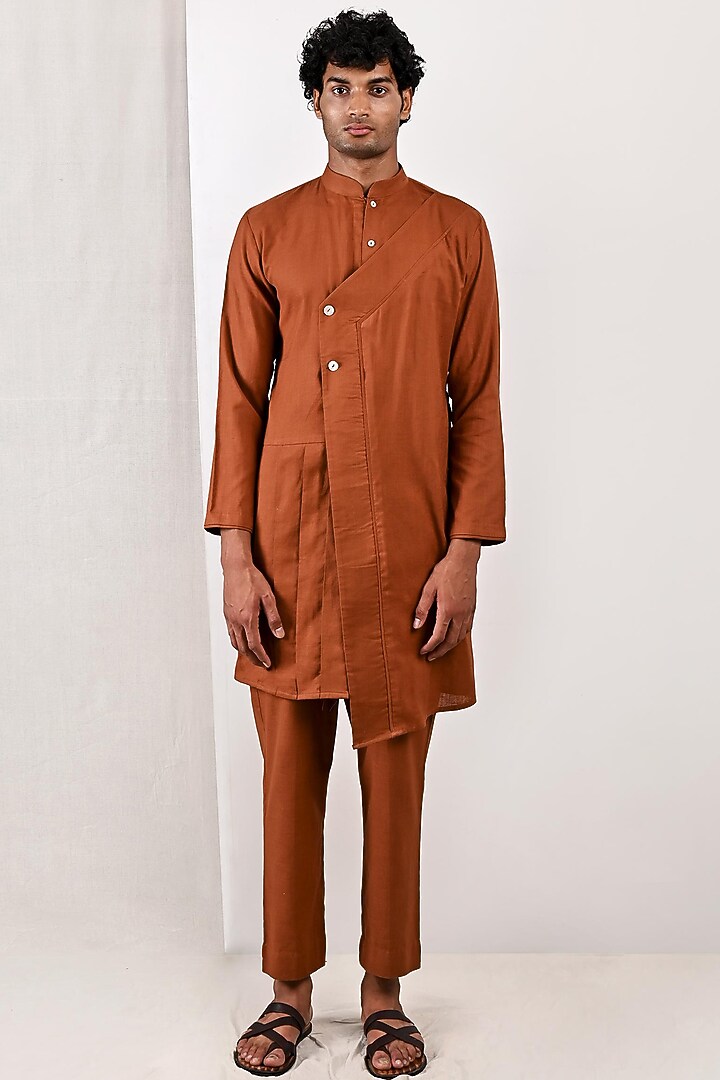 Tan Linen Asymmetric Kurta Set by Bohame Men at Pernia's Pop Up Shop