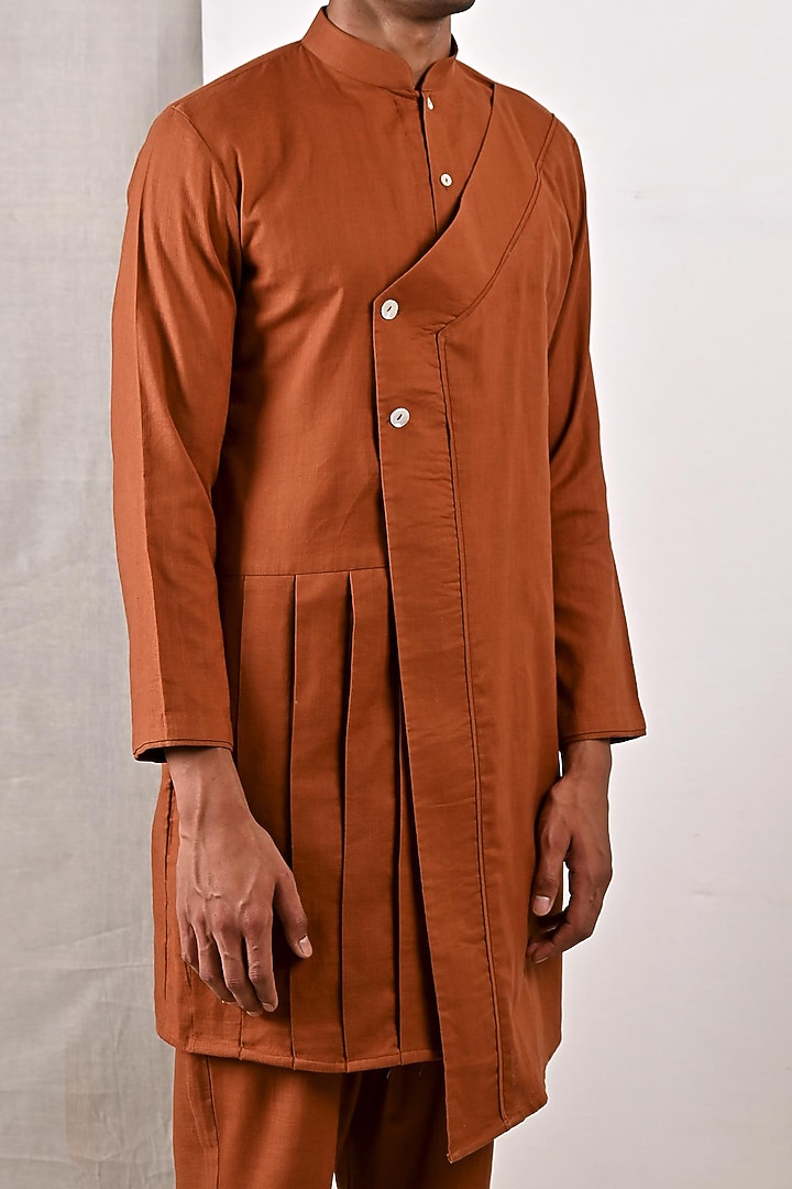 Tan Linen Asymmetric Kurta Set by Bohame Men at Pernia's Pop Up Shop