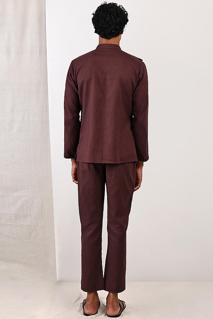 Dark Mahogany Linen Shirt Kurta Set by Bohame Men at Pernia's Pop Up Shop