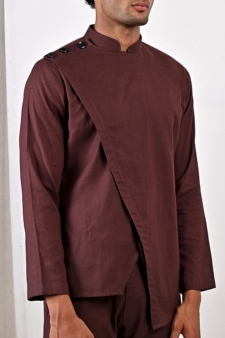 Dark Mahogany Linen Shirt Kurta Set by Bohame Men at Pernia's Pop Up Shop