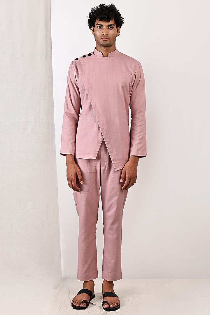 Mauve Linen Overlapped Asymmetric Shirt Kurta Set by Bohame Men at Pernia's Pop Up Shop