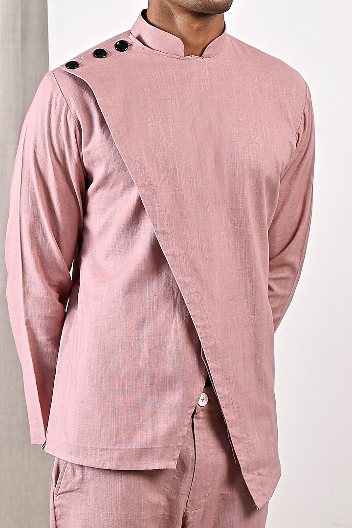Mauve Linen Overlapped Asymmetric Shirt Kurta Set by Bohame Men at Pernia's Pop Up Shop