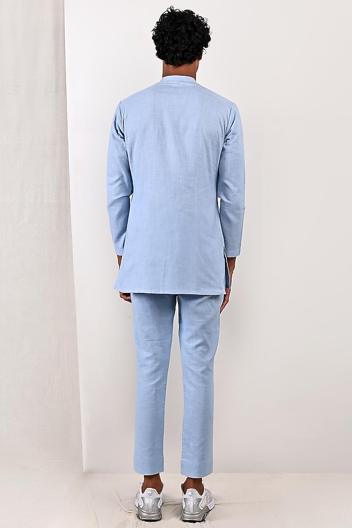 Sky Blue Linen Short Kurta Set by Bohame Men at Pernia's Pop Up Shop
