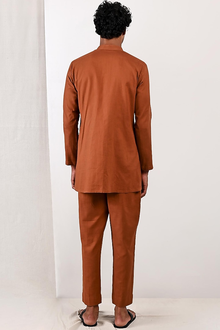 Tan Linen Asymmetric Short Kurta Set by Bohame Men at Pernia's Pop Up Shop