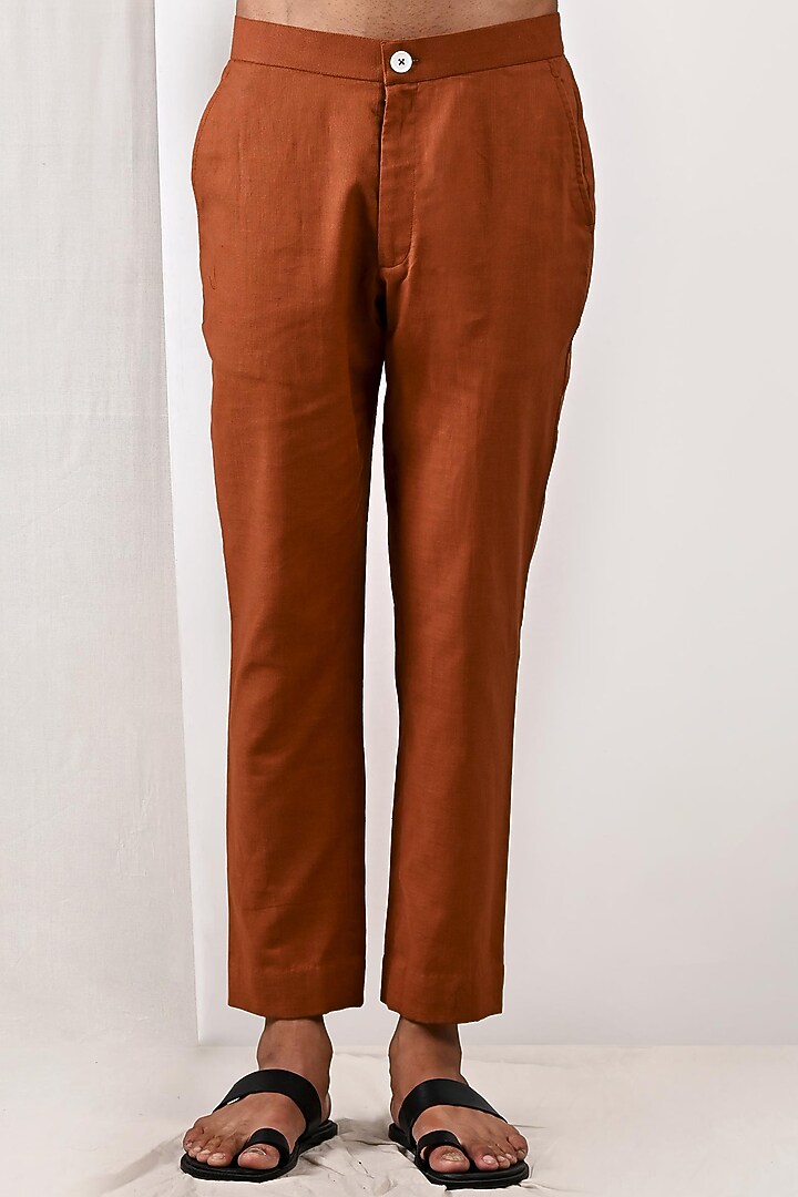 Tan Linen Asymmetric Short Kurta Set by Bohame Men at Pernia's Pop Up Shop