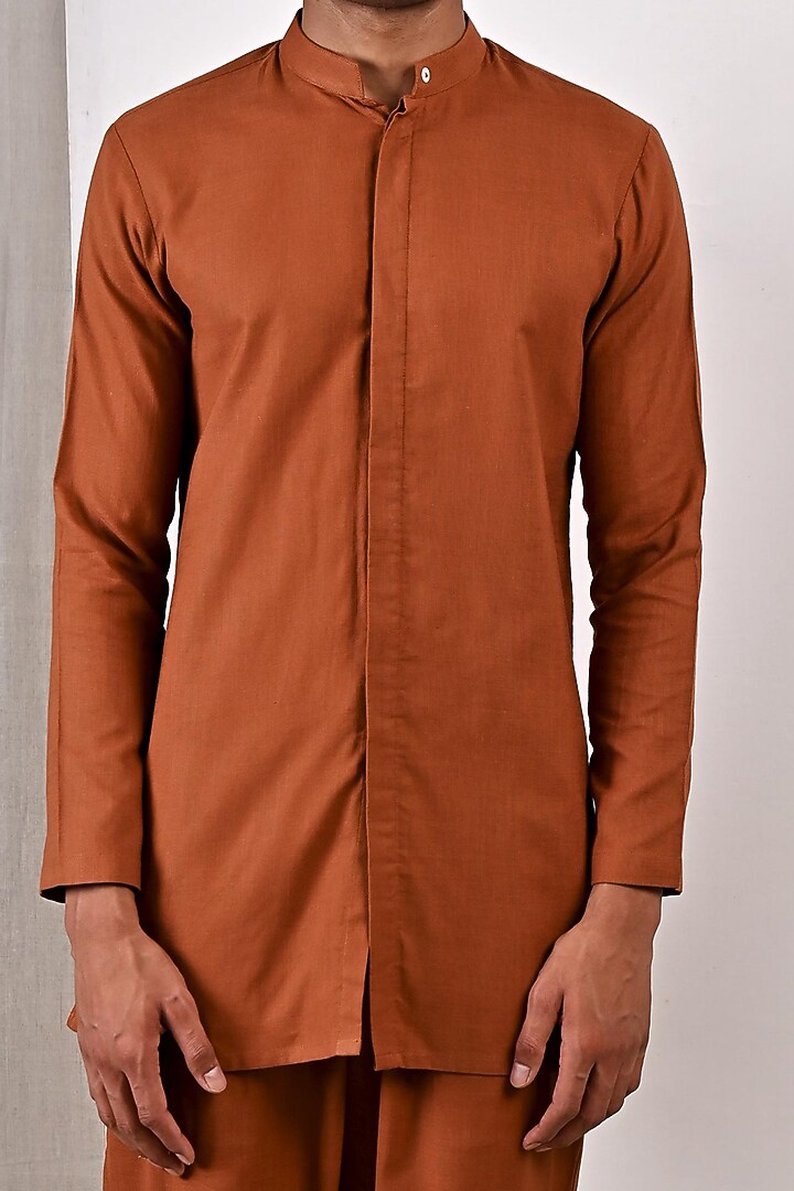 Tan Linen Asymmetric Short Kurta Set by Bohame Men at Pernia's Pop Up Shop