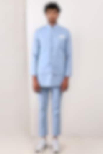 Sky Blue Linen Nehru Jacket With Kurta Set by Bohame Men