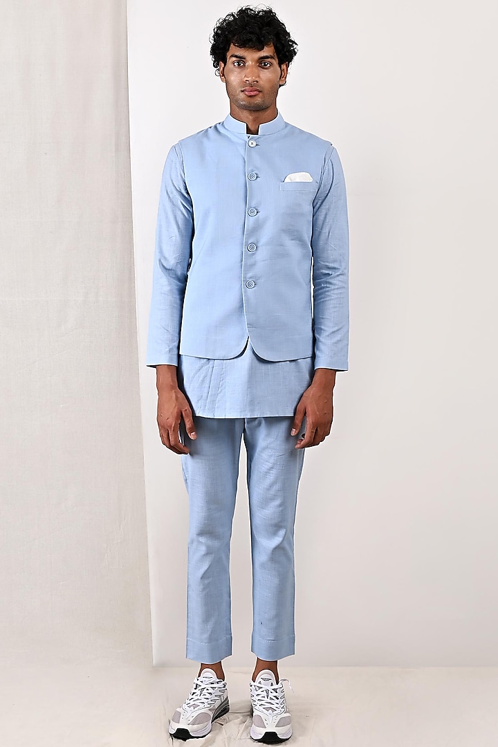 Sky Blue Linen Nehru Jacket With Kurta Set by Bohame Men